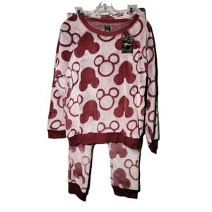 NWT Disney 2Piece Womens Sz Med Mickey Mouse Cozy Pajama Lounge Burgundy &White